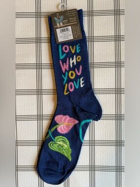 Blue Q Navy Crew Socks with Multicolor 'Love Who You Love' and Floral Accents